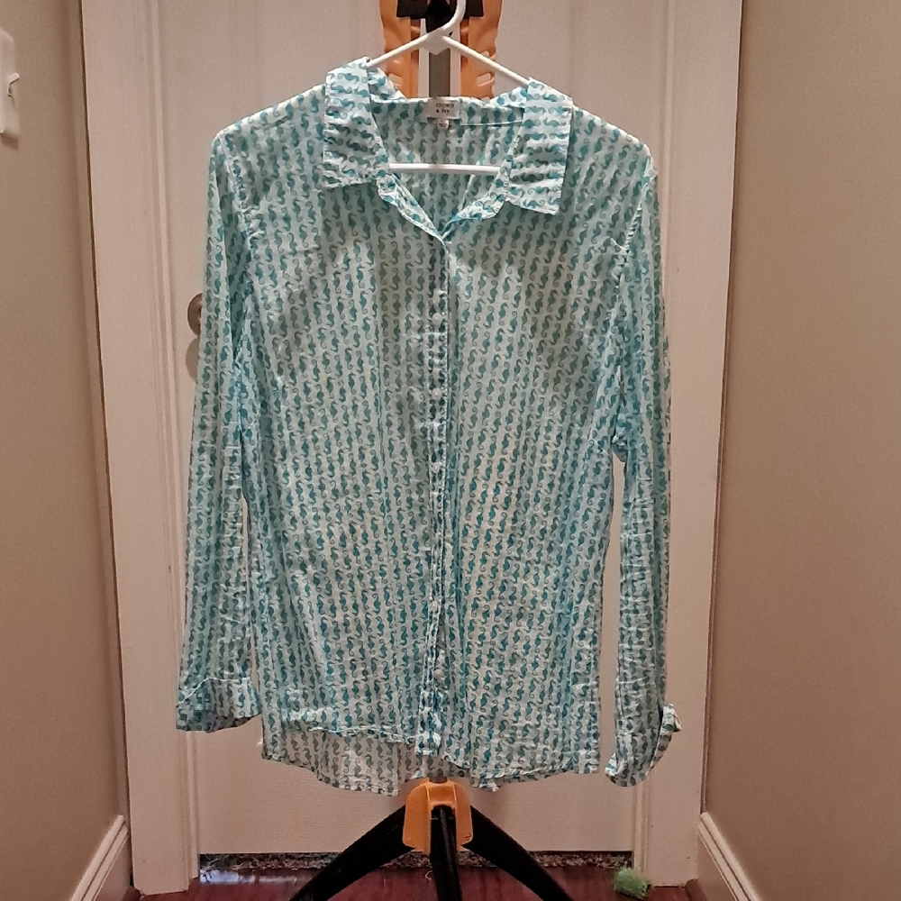 Crown & Ivy Teal Seahorse Print Shirt Size XL